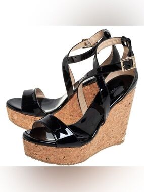 Jimmy Choo Portia Black Patent Leather Cork Wedge Sandals Size 38 NIB